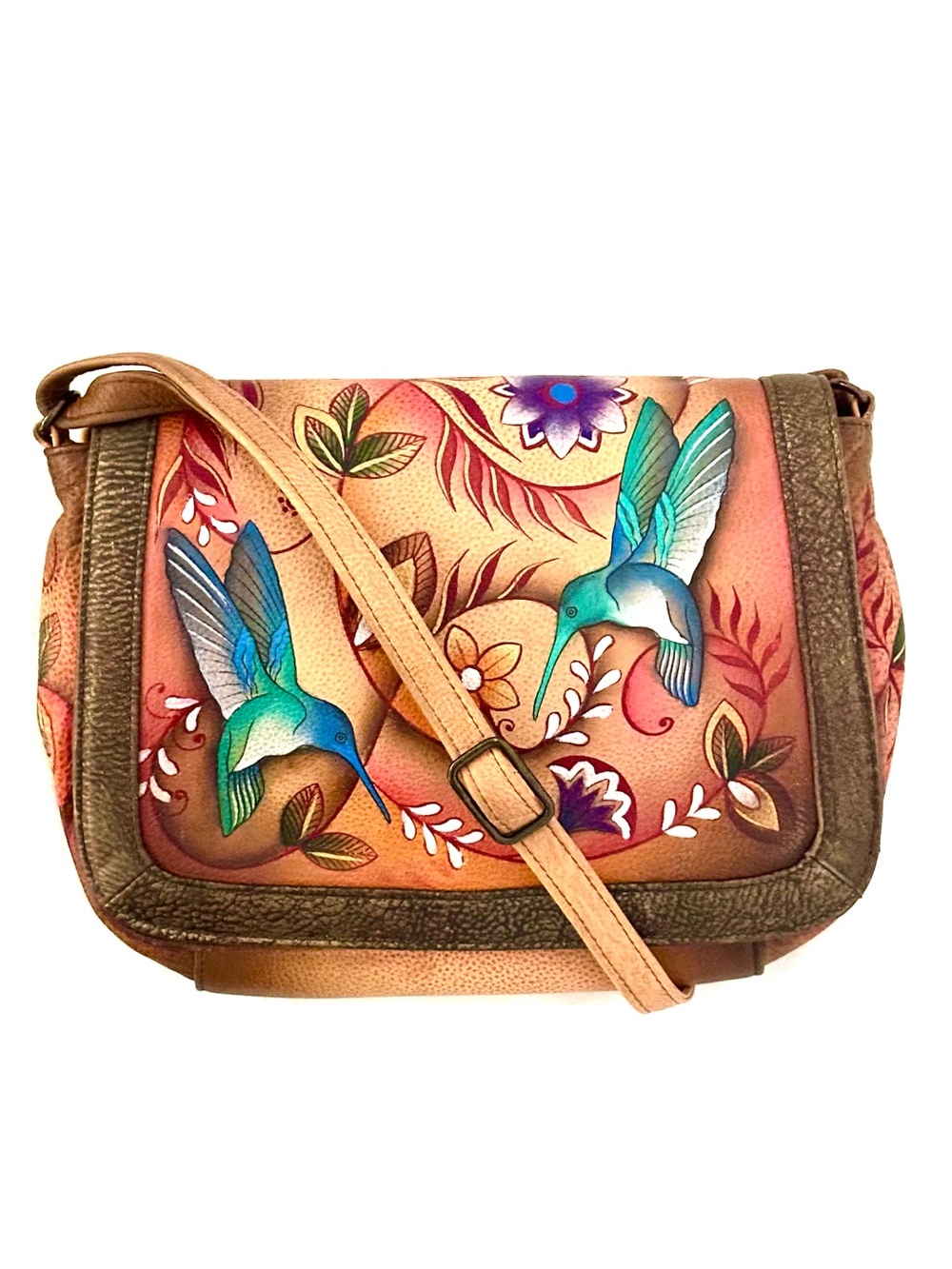 Anuschka Hand-Painted Leather Teal Hummingbird Crossbody Bag New